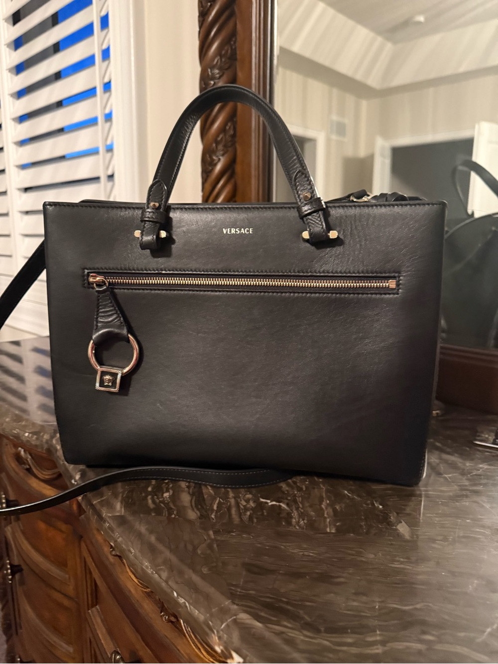 Versace Black Leather Satchel with Gold-Tone Accents